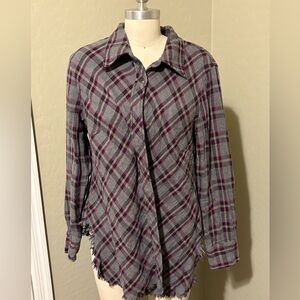 CAbi Women's med Gray Purple Plaid Highland Flannel Shirt Shacket Cabincore